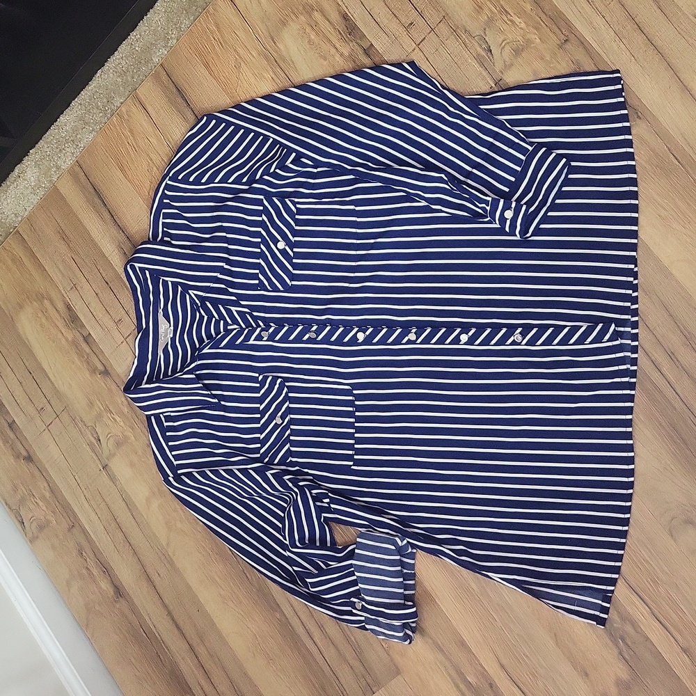 CORAL BAY Blue White Stripe Roll-Tab Pocket Blouse - Picture 3 of 12